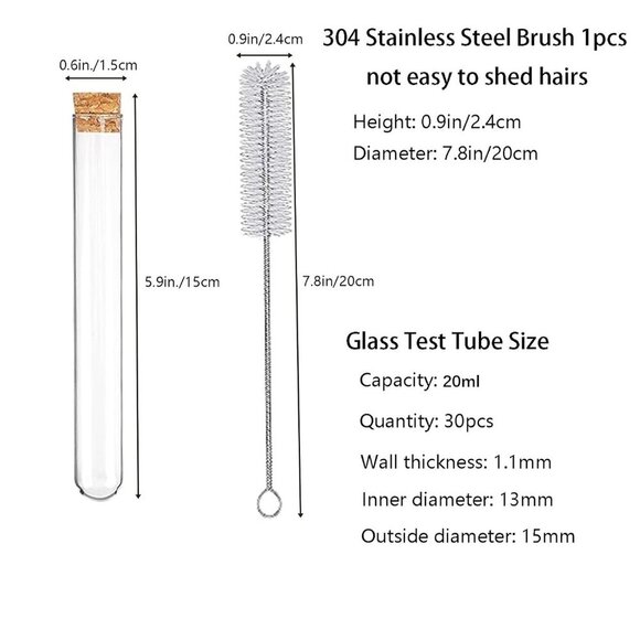 30pcs 20ml Glass Test Tubes 15 x 150mm with Cork Stoppers and Brush for Scientif - Picture 2 of 6
